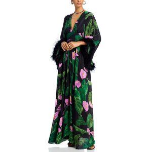 FARM Rio | Anthurium Feather Trim Caftan Dress | Medium